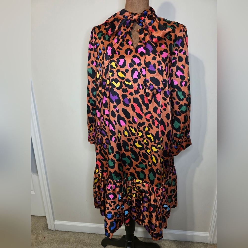 Fate Leopard Print Tie-Neck Dress | Multicolor Satin Ruffle Hem | Size M NWT